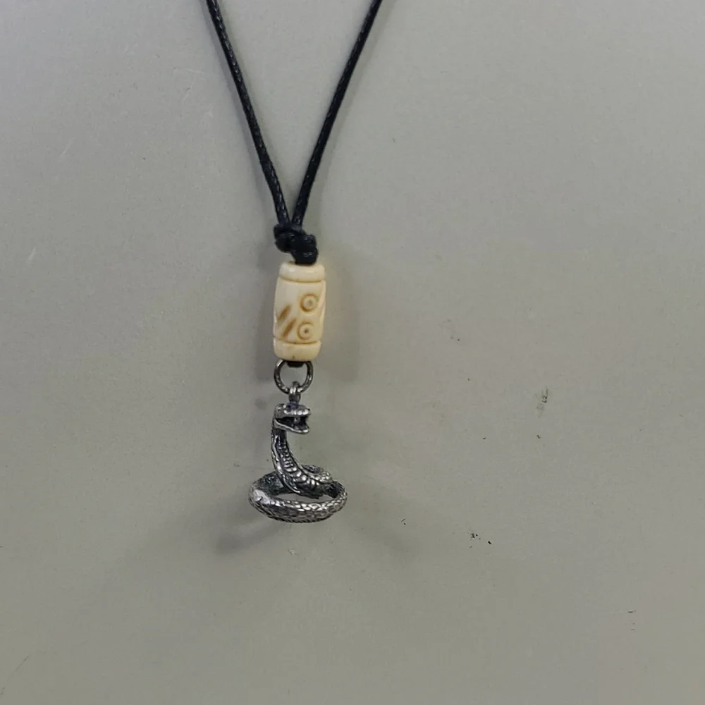 Men's Necklace Cobra Charm Sterling Silver Black Beige Eclectic Gift Handmade - Picture 5 of 5